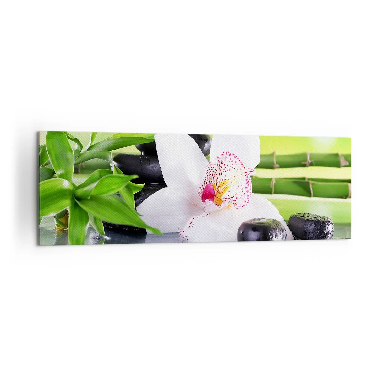 Cuadro sobre lienzo - Impresión de Imagen - Orquídea, piedras y bambú en una armoniosa composición de spa. - 160x50cm - Frescura - Decoración de pared moderna para salón y dormitorio ARTTOR