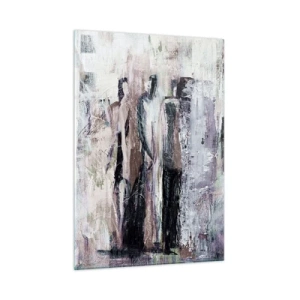 Cuadro sobre vidrio - Impresiones sobre Vidrio - Siluetas abstractas de figuras sobre un fondo de pintura texturizada - 50x70cm - El trío misterioso - Decoración de pared moderna para salón y dormitorio ARTTOR