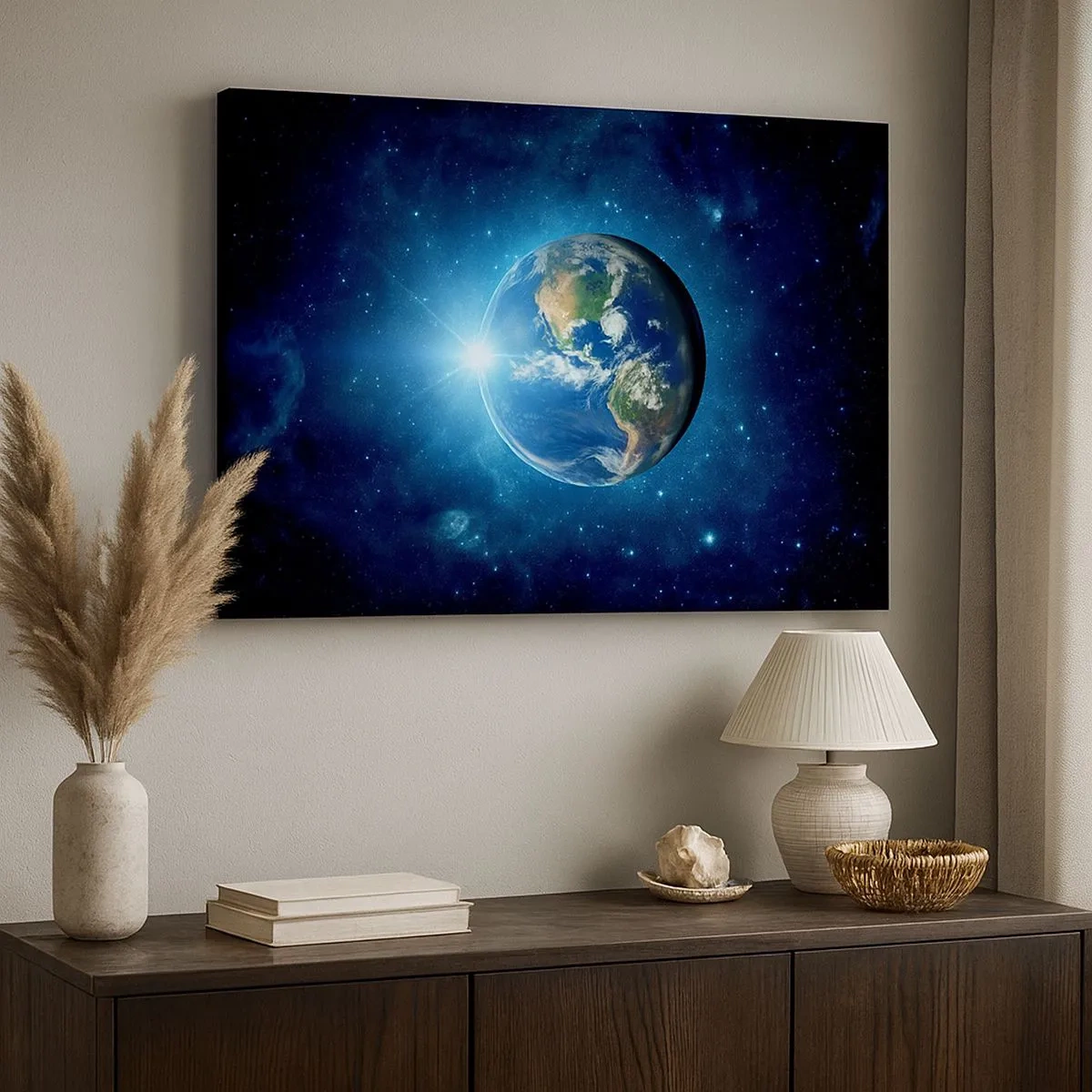 Cuadro sobre lienzo - Impresión de Imagen - La Tierra en el espacio rodeada de estrellas y luz. - 70x50cm - Estamos en el cielo - Decoración de pared moderna para salón y dormitorio ARTTOR