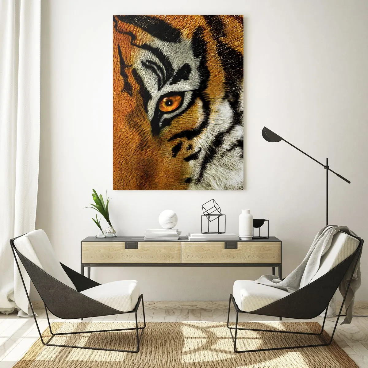 Cuadro sobre vidrio - Impresiones sobre Vidrio - Primer plano de la intensa mirada del tigre. - 50x70cm - Amenazante y hermoso - Decoración de pared moderna para salón y dormitorio ARTTOR