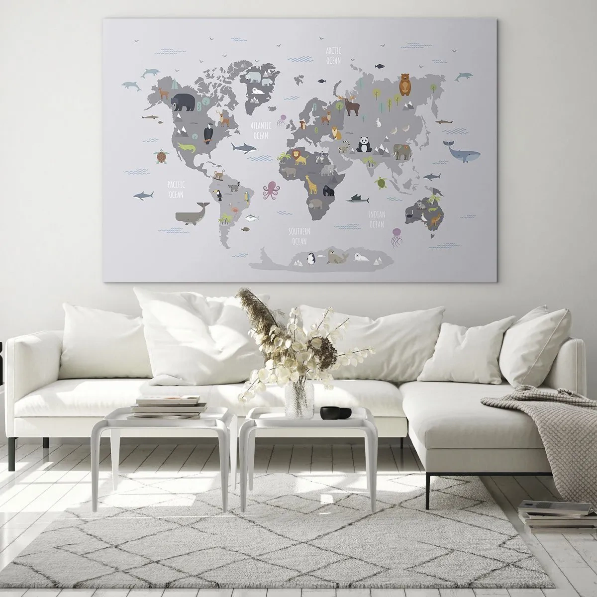 Cuadro sobre vidrio - Impresiones sobre Vidrio - Mapa del mundo ilustrado con animales característicos - 100x70cm - Dime de dónde eres... - Decoración de pared moderna para salón y dormitorio ARTTOR