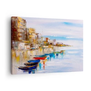Cuadro sobre lienzo - Impresión de Imagen - Barcos coloridos en la orilla con vistas al horizonte de la ciudad - 70x50cm - Puerto urbano multicolor - Decoración de pared moderna para salón y dormitorio ARTTOR
