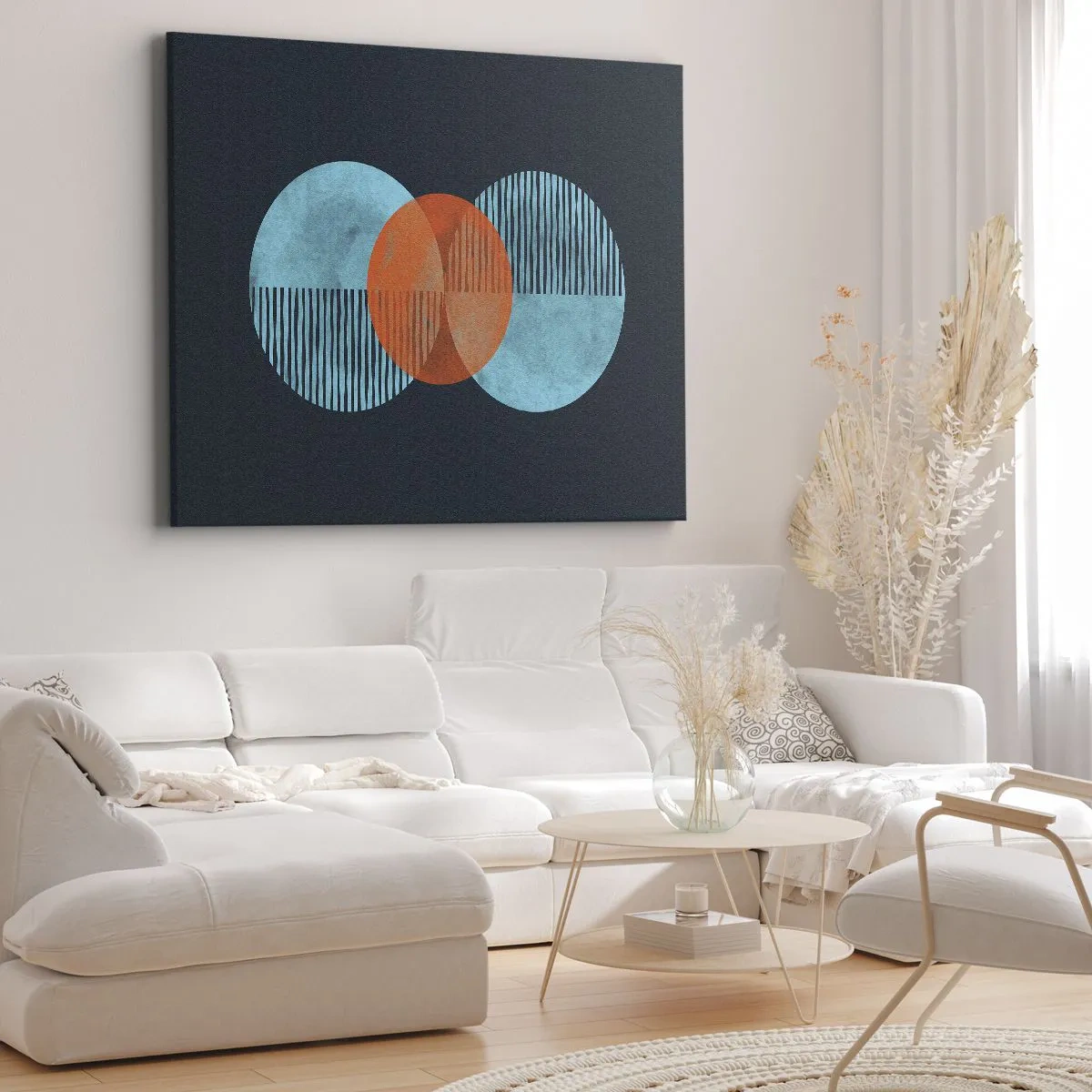 Cuadro sobre lienzo - Impresión de Imagen - Círculos geométricos en tonos azules y naranjas. - 70x50cm - Composición simétrica - Decoración de pared moderna para salón y dormitorio ARTTOR