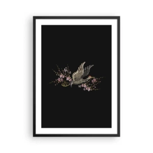 Póster en marco negro - Una grulla rodeada de ramas floridas sobre un fondo negro. - 50x70cm - Ave florida - Decoración de pared moderna para salón y dormitorio ARTTOR