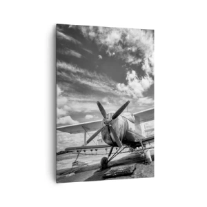 Cuadro sobre lienzo - Impresión de Imagen - Un avión antiguo en el aeropuerto en blanco y negro. - 70x100cm - No puedo esperar - Decoración de pared moderna para salón y dormitorio ARTTOR