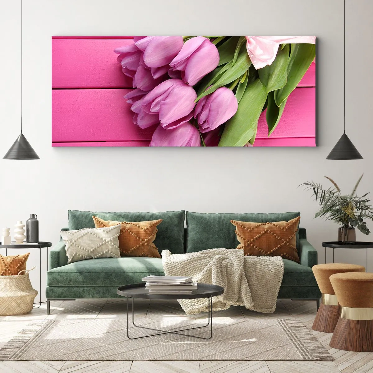 Cuadro sobre lienzo - Impresión de Imagen - Un ramo de tulipanes rosas con un lazo sobre un fondo rosa. - 120x50cm - Solo para ti - Decoración de pared moderna para salón y dormitorio ARTTOR