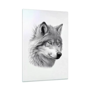 Cuadro sobre vidrio - Impresiones sobre Vidrio - Retrato en blanco y negro de un lobo con una mirada penetrante. - 50x70cm - Alfa - sin duda - Decoración de pared moderna para salón y dormitorio ARTTOR