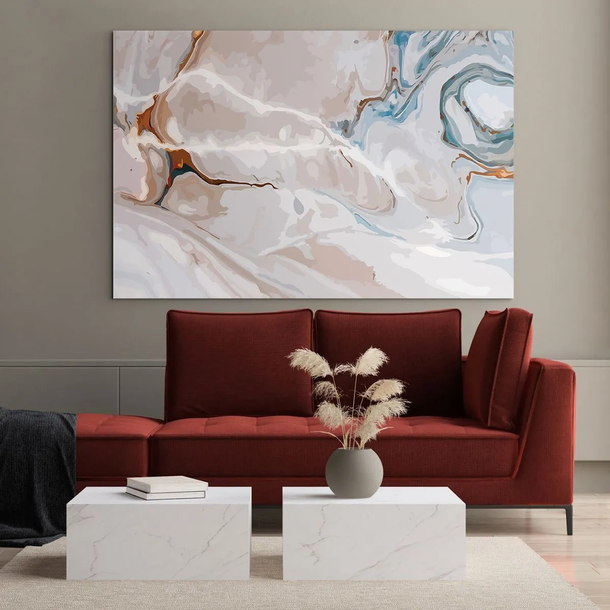 Cuadro sobre vidrio - Impresiones sobre Vidrio - Patrón artístico en tonos neutros con acentos de azul. - 70x50cm - El azul serpentea por el blanco - Decoración de pared moderna para salón y dormitorio ARTTOR