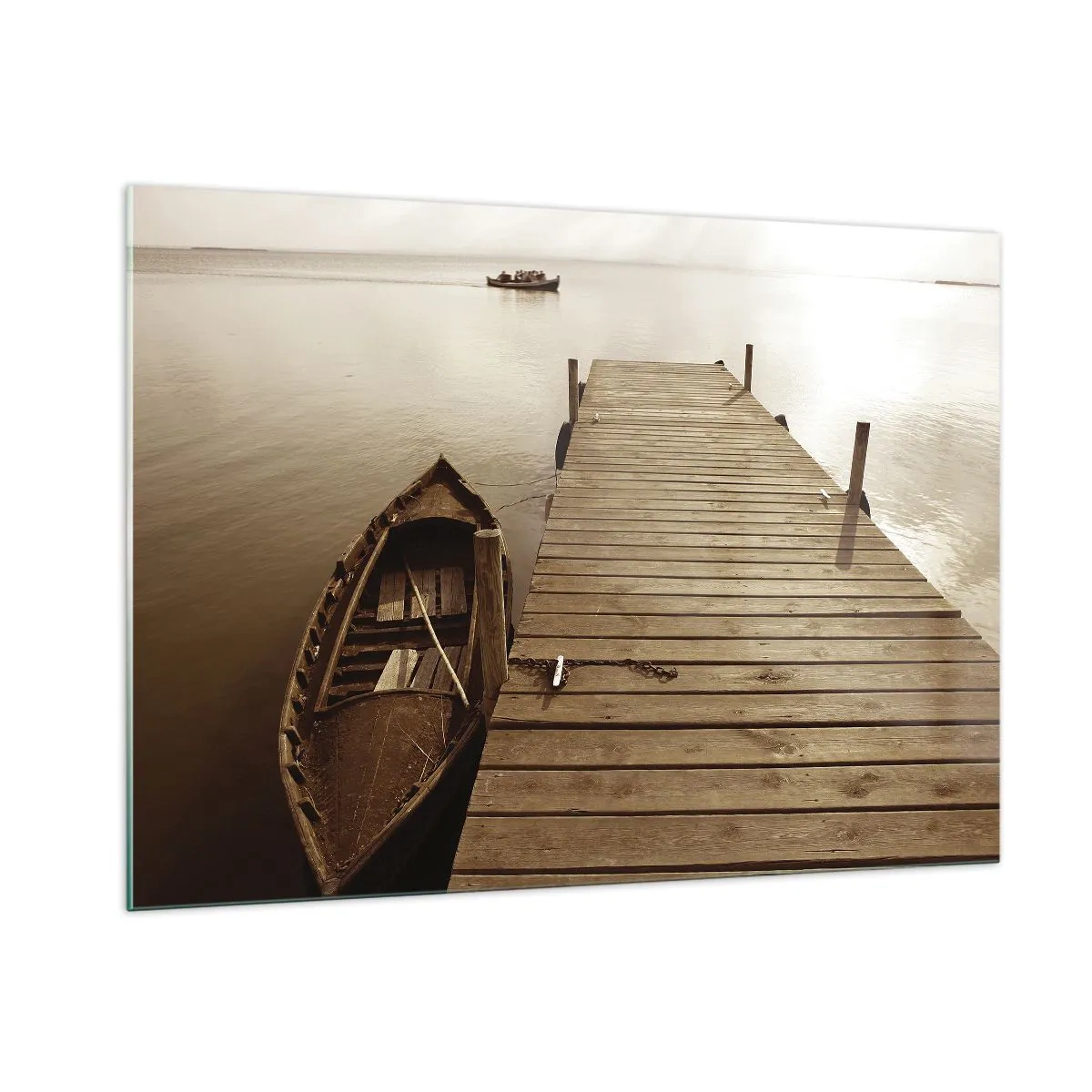 Cuadro sobre vidrio - Impresiones sobre Vidrio - Un barco en un muelle en un lago tranquilo en sepia. - 100x70cm - La auténtica paz - Decoración de pared moderna para salón y dormitorio ARTTOR
