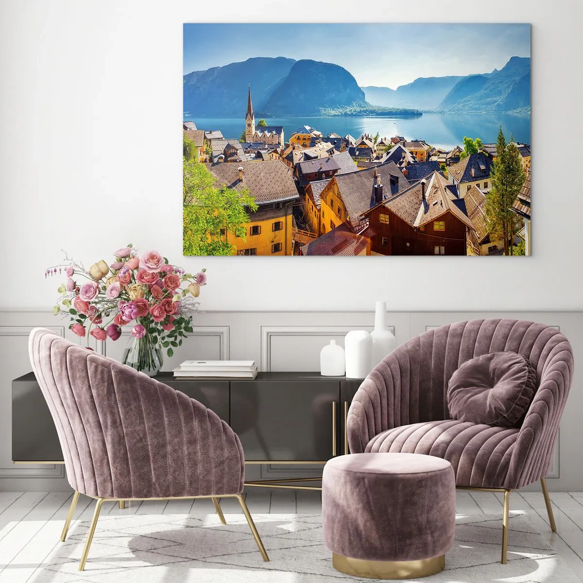 Cuadro sobre vidrio - Impresiones sobre Vidrio - Un pintoresco pueblo a orillas de un lago rodeado de montañas. - 120x80cm - No podría ser más pintoresco - Decoración de pared moderna para salón y dormitorio ARTTOR