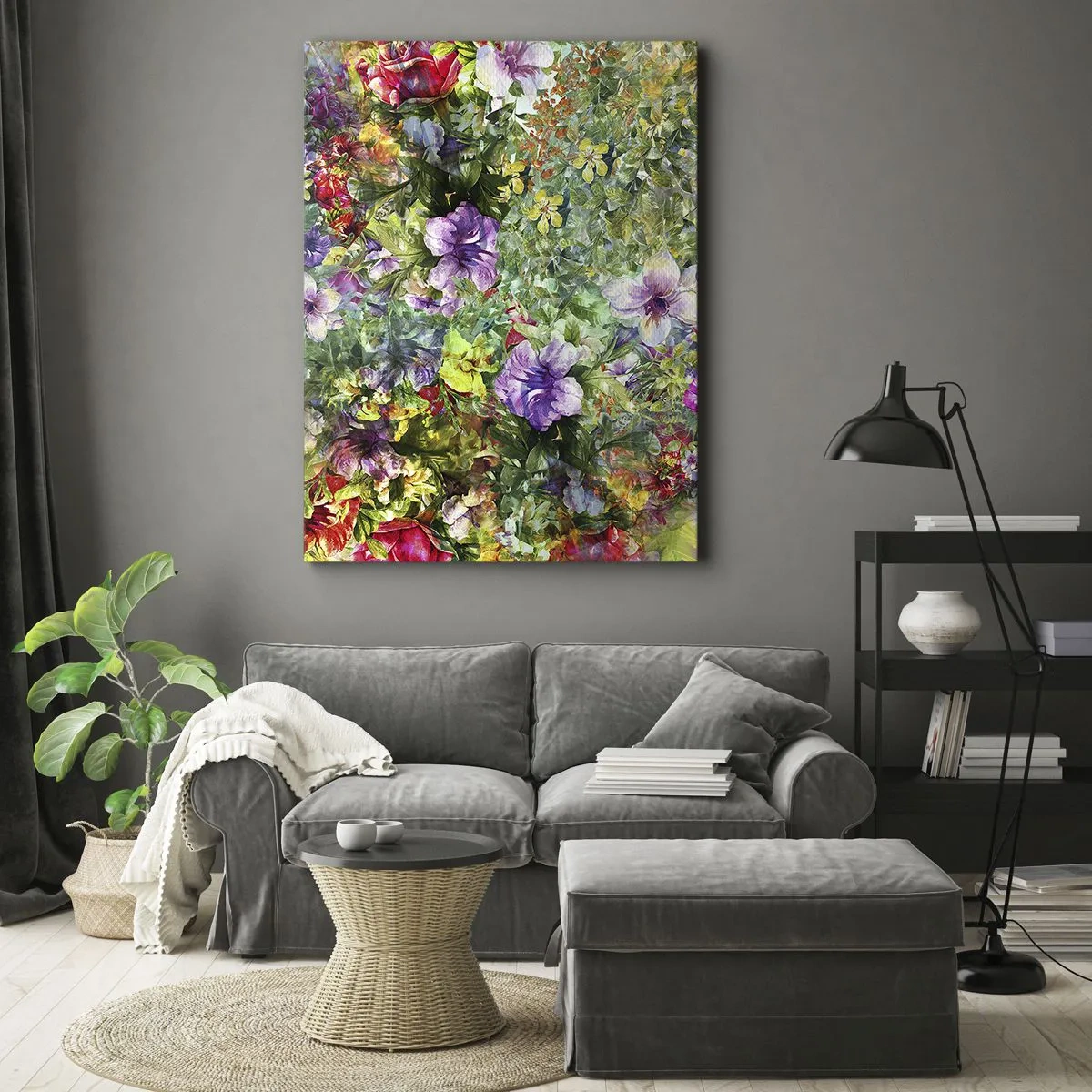 Cuadro sobre lienzo - Impresión de Imagen - Un arreglo floral colorido sobre un fondo verde. - 50x70cm - En flores a la perdición - Decoración de pared moderna para salón y dormitorio ARTTOR