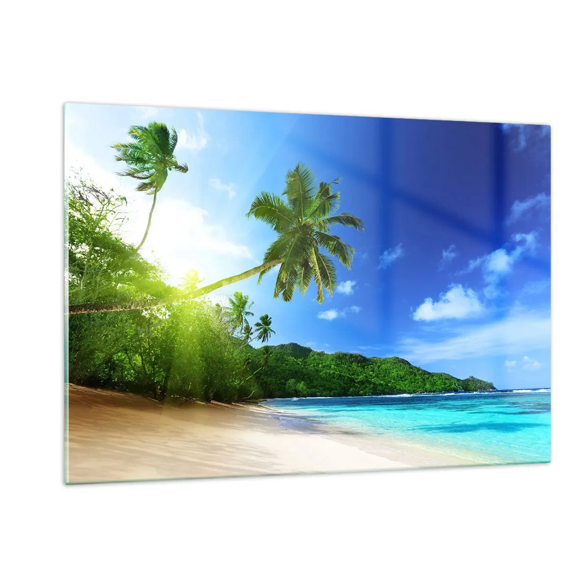 Cuadro sobre vidrio - Impresiones sobre Vidrio - Playa tropical con palmeras y aguas cristalinas. - 120x80cm - Un suave toque tropical - Decoración de pared moderna para salón y dormitorio ARTTOR