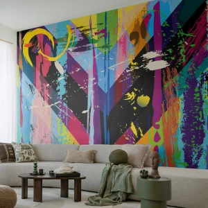 Fotomural Premium Sand - Abstracto colorido con patrón geométrico y efectos de pincel. - 100x70cm - De arriba a abajo - Decoración de pared moderna para salón y dormitorio ARTTOR