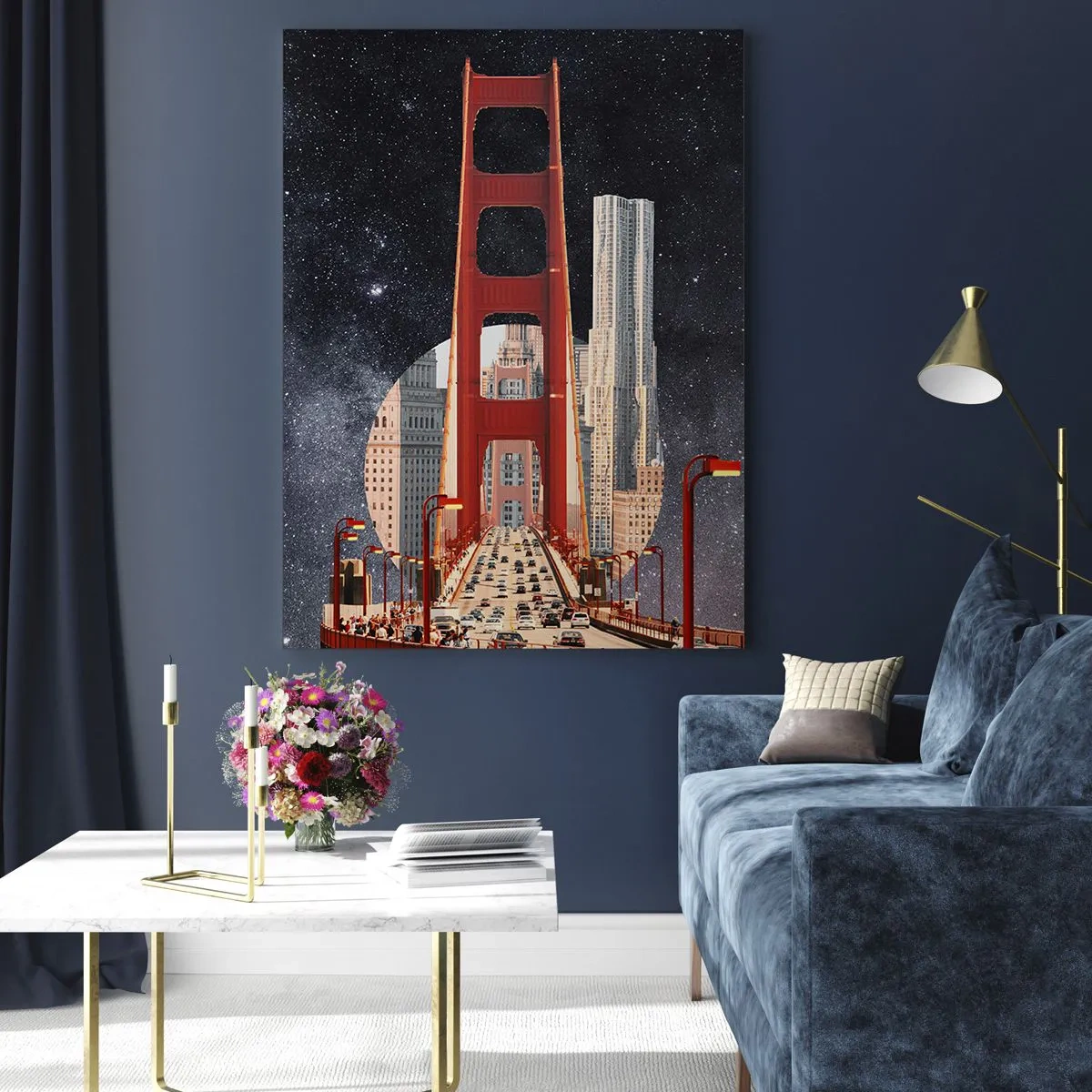 Cuadro sobre vidrio - Impresiones sobre Vidrio - El puente Golden Gate con la ciudad al fondo contra un cielo estrellado - 70x100cm - Siempre en el centro - Decoración de pared moderna para salón y dormitorio ARTTOR