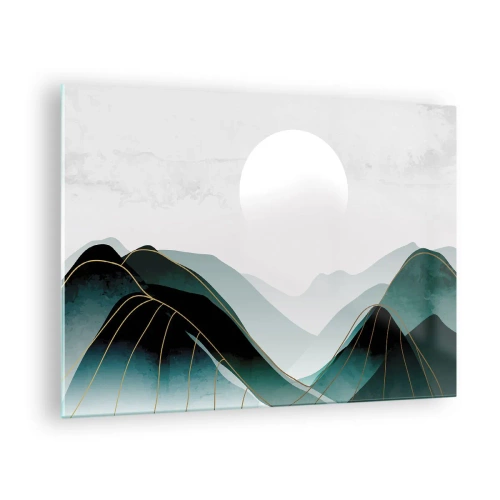 Cuadro sobre vidrio - Impresiones sobre Vidrio - Paisaje de montaña con sol blanco y líneas doradas. - 70x50cm - Con toda la majestuosidad - Decoración de pared moderna para salón y dormitorio ARTTOR