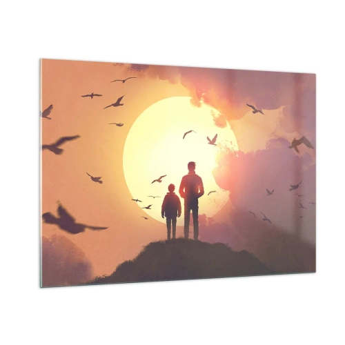 Cuadro sobre vidrio - Impresiones sobre Vidrio - Figuras de un padre y un hijo de pie contra el fondo del sol poniente y pájaros volando. - 100x70cm - Cara a cara con el sol - Decoración de pared moderna para salón y dormitorio ARTTOR