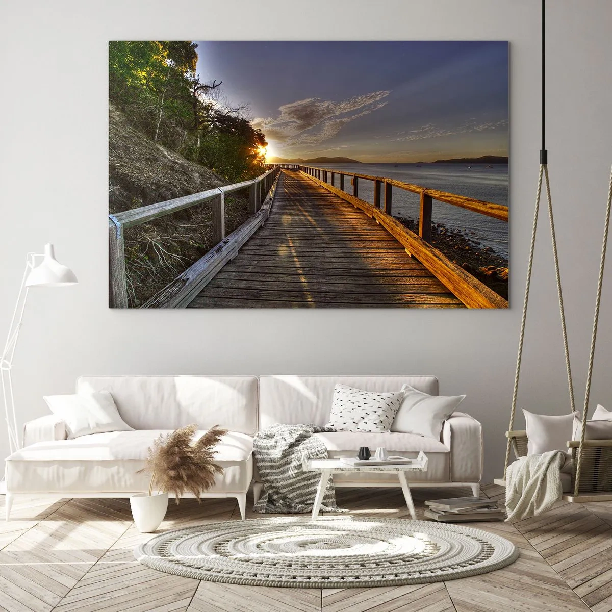 Cuadro sobre vidrio - Impresiones sobre Vidrio - Pasarela de madera al atardecer - 70x50cm - Camina, sigue caminando hacia el sol - Decoración de pared moderna para salón y dormitorio ARTTOR
