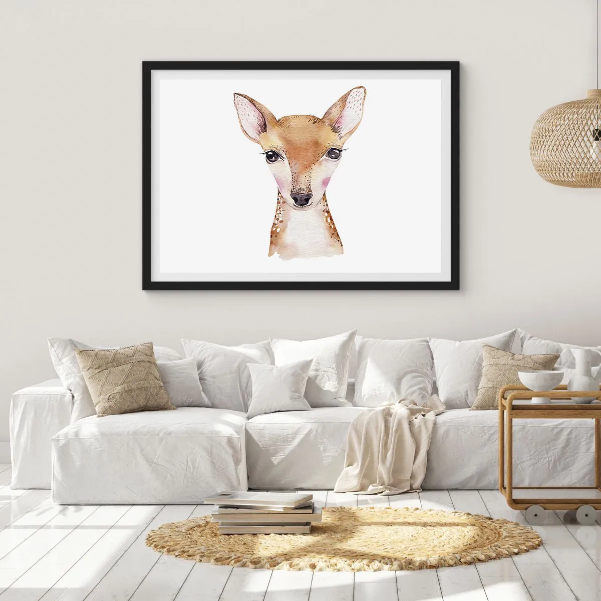 Póster en marco negro - Retrato en acuarela de un corzo joven sobre un fondo blanco - 70x50cm - La naturaleza de la inocencia - Decoración de pared moderna para salón y dormitorio ARTTOR