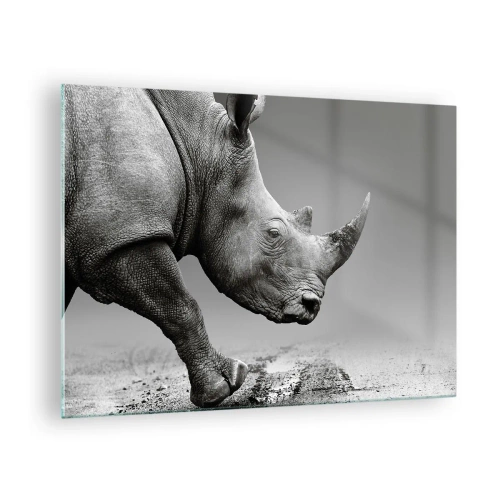 Cuadro sobre vidrio - Impresiones sobre Vidrio - Un rinoceronte en movimiento sobre un fondo gris. - 70x50cm - Fuerza imparable - Decoración de pared moderna para salón y dormitorio ARTTOR