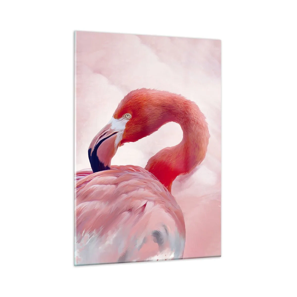 Cuadro sobre vidrio - Impresiones sobre Vidrio - Un flamenco rosado gira con gracia hacia un lado. - 50x70cm - La belleza de las aves - Decoración de pared moderna para salón y dormitorio ARTTOR