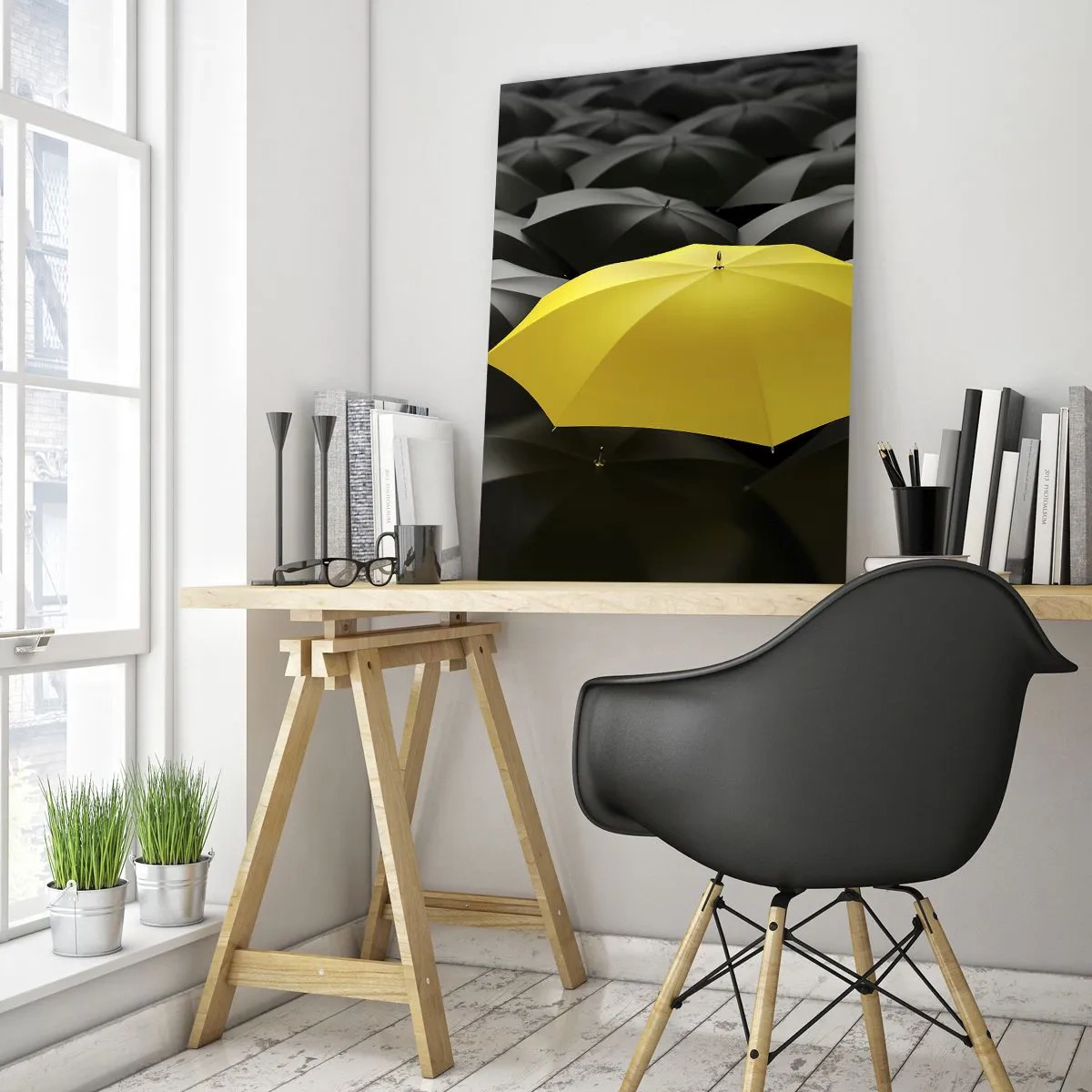 Cuadro sobre vidrio - Impresiones sobre Vidrio - Un paraguas amarillo entre paraguas negros. - 70x100cm - Adiós a la tristeza - Decoración de pared moderna para salón y dormitorio ARTTOR