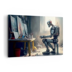 Cuadro sobre lienzo - Impresión de Imagen - Un robot pintando un cuadro en un estudio de arte. - 120x80cm - El acto de creación - Decoración de pared moderna para salón y dormitorio ARTTOR