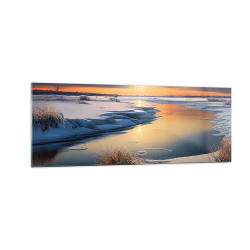 Cuadro sobre vidrio - Impresiones sobre Vidrio - Paisaje invernal con un río al atardecer - 140x50cm - Atardecer de invierno - Decoración de pared moderna para salón y dormitorio ARTTOR