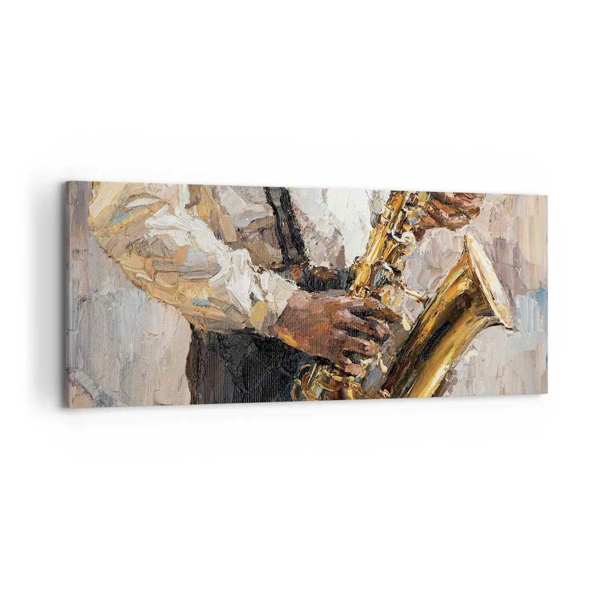 Cuadro sobre lienzo - Impresión de Imagen - Un músico tocando el saxofón con un estilo artístico. - 120x50cm - Llegó el momento del solo - Decoración de pared moderna para salón y dormitorio ARTTOR