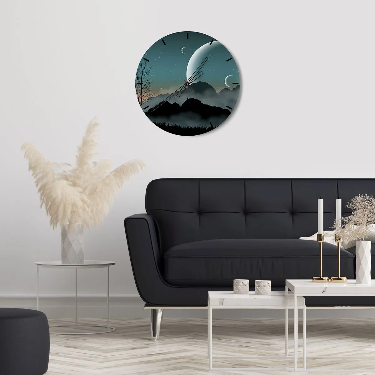 Reloj de pared - Reloj de vidrio - Un paisaje espacial con lunas y montañas. - 30x30cm - Un carnaval de noche estrellada - Decoración de pared moderna para salón, cocina y dormitorio ARTTOR