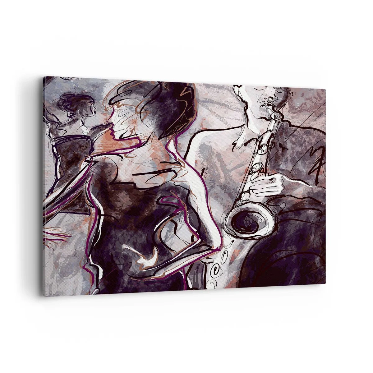 Cuadro sobre lienzo - Impresión de Imagen - Escena de jazz abstracta con un saxofonista y una mujer bailando. - 100x70cm - Fundirse en uno con la música - Decoración de pared moderna para salón y dormitorio ARTTOR