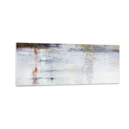 Cuadro sobre vidrio - Impresiones sobre Vidrio - Un paisaje abstracto con acentos borrosos de gris y dorado. - 140x50cm - Tras una cortina de aire - Decoración de pared moderna para salón y dormitorio ARTTOR