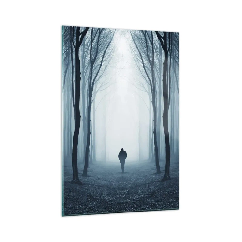 Cuadro sobre vidrio - Impresiones sobre Vidrio - Una figura caminando entre los árboles en un bosque brumoso. - 80x120cm - Alto y claro - Decoración de pared moderna para salón y dormitorio ARTTOR