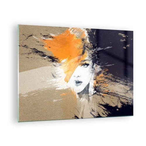 Cuadro sobre vidrio - Impresiones sobre Vidrio - Retrato abstracto de una mujer con acentos naranjas. - 70x50cm - Y se convierte en luz - Decoración de pared moderna para salón y dormitorio ARTTOR
