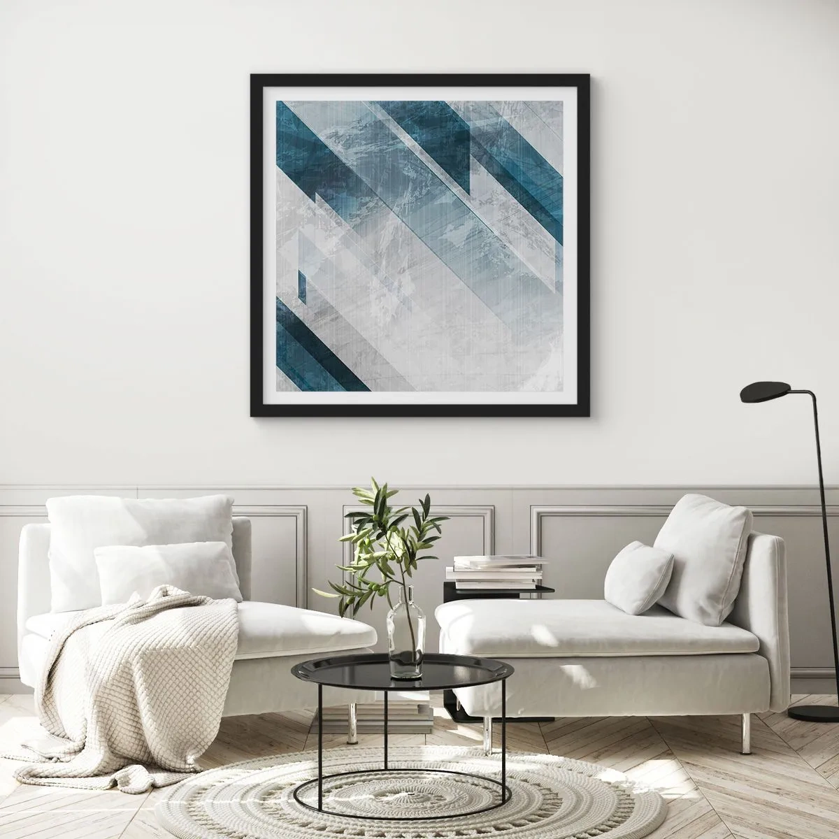 Póster en marco negro - Composición espacial - movimiento de grises - 40x40 cm