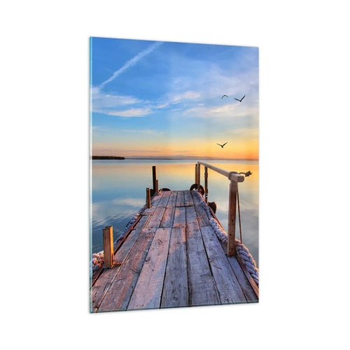 Cuadro sobre vidrio - Impresiones sobre Vidrio - Muelle de madera al atardecer en un lago tranquilo - 80x120cm - Caminando hacia el sol - Decoración de pared moderna para salón y dormitorio ARTTOR