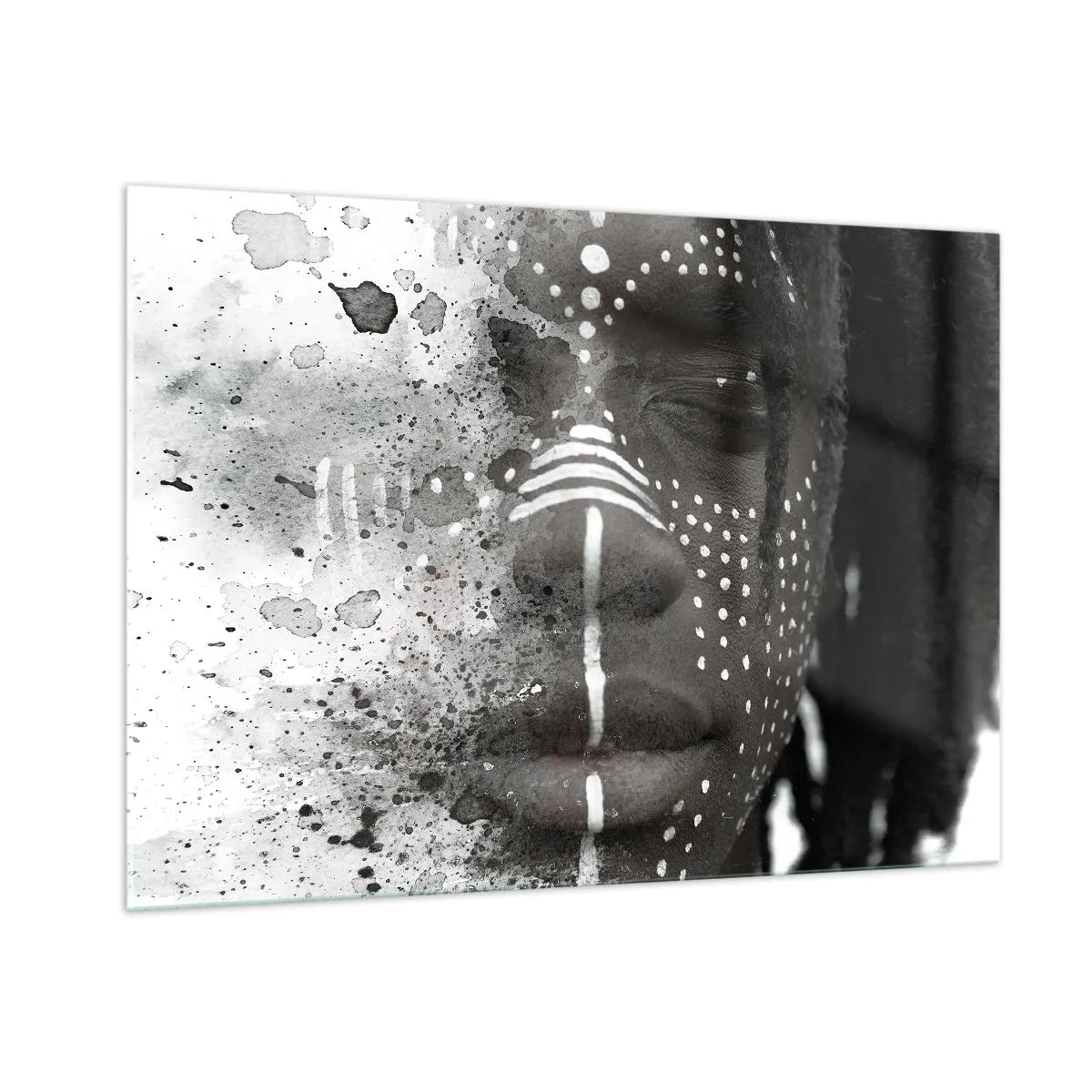 Cuadro sobre vidrio - Impresiones sobre Vidrio - Retrato con patrones étnicos en blanco y negro con efecto acuarela. - 100x70cm - Descubrimiento del espíritu original - Decoración de pared moderna para salón y dormitorio ARTTOR