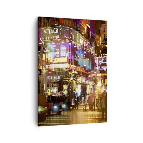 Cuadro sobre lienzo - Impresión de Imagen - Una ciudad vibrante por la noche bajo la luz de neón. - 50x70cm - En un mar de luz - Decoración de pared moderna para salón y dormitorio ARTTOR
