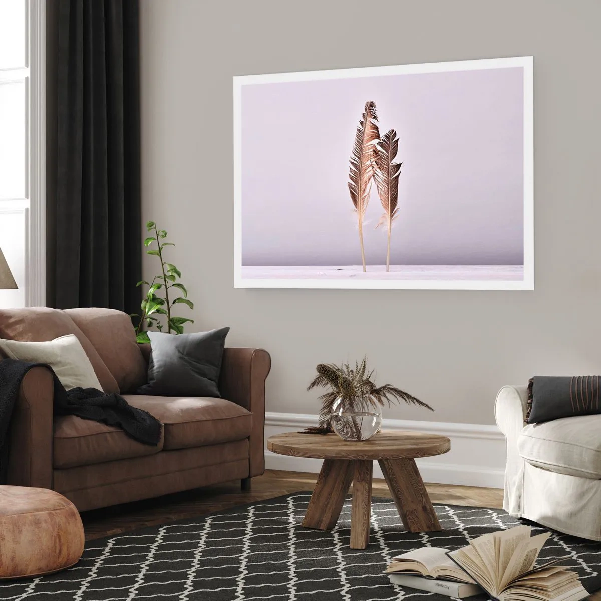 Póster - Plumas delicadas sobre un fondo claro en estilo minimalista. - 100x70cm - Contra la nada - Decoración de pared moderna para salón y dormitorio ARTTOR