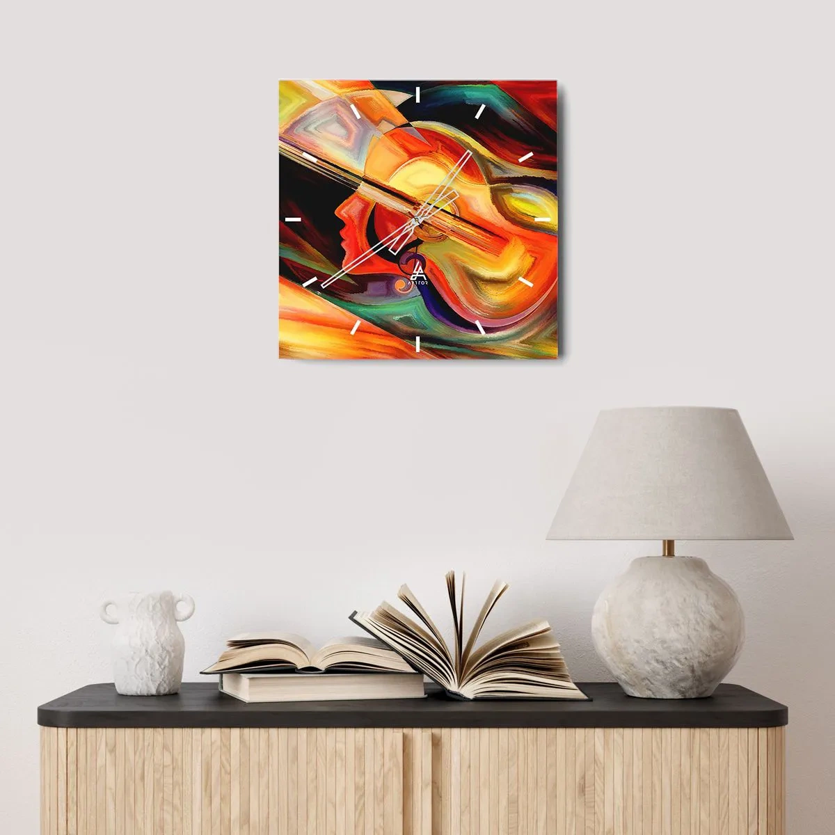Reloj de pared - Reloj de vidrio - Abstracción colorida inspirada en la música y la guitarra. - 30x30cm - Juego musical - Decoración de pared moderna para salón y dormitorio ARTTOR