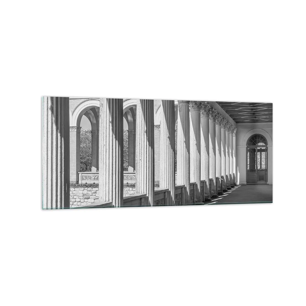 Cuadro sobre vidrio - Impresiones sobre Vidrio - Columnata de estilo clásico en blanco y negro - 120x50cm - Galería soleada - Decoración de pared moderna para salón y dormitorio ARTTOR