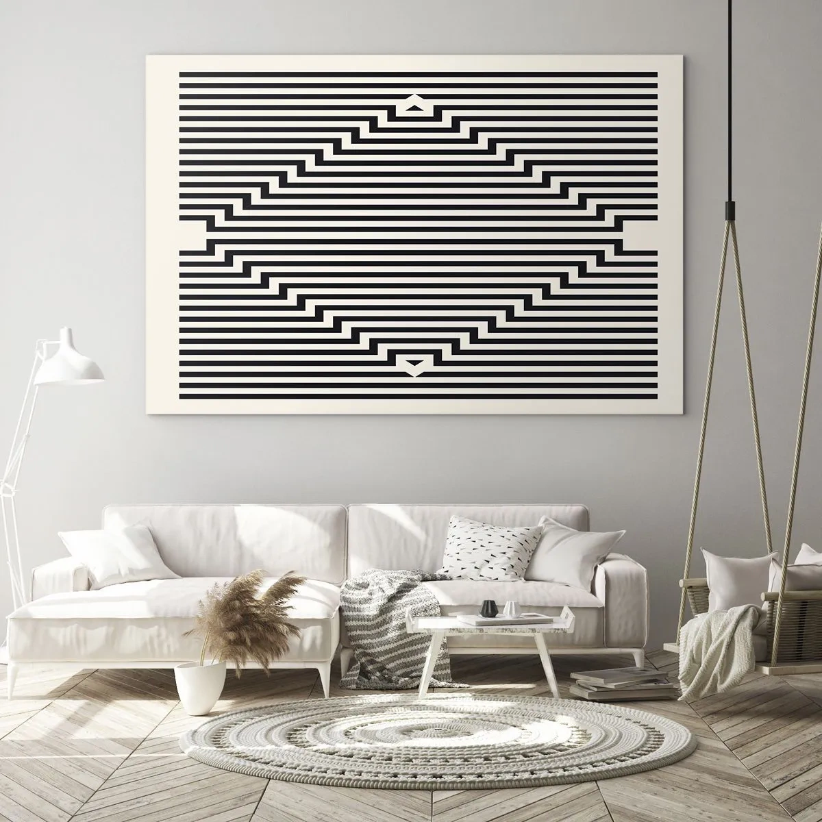Cuadro sobre vidrio - Impresiones sobre Vidrio - Un patrón fascinante de líneas blancas y negras que crean una ilusión. - 100x70cm - Ilusión geométrica - Decoración de pared moderna para salón y dormitorio ARTTOR