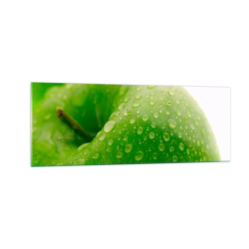 Cuadro sobre vidrio - Impresiones sobre Vidrio - Primer plano de una manzana verde con gotas de agua. - 140x50cm - Frescor verde - Decoración de pared moderna para salón y dormitorio ARTTOR