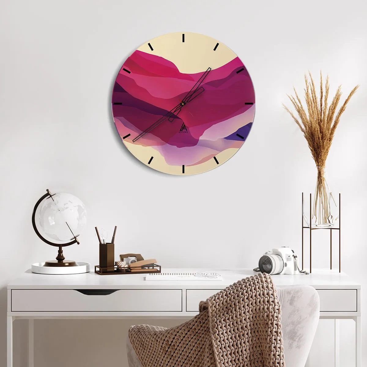 Reloj de pared - Reloj de vidrio - Patrón abstracto en tonos rosa y morado. - 30x30cm - Ondas púrpuras - Decoración de pared moderna para salón, cocina y dormitorio ARTTOR