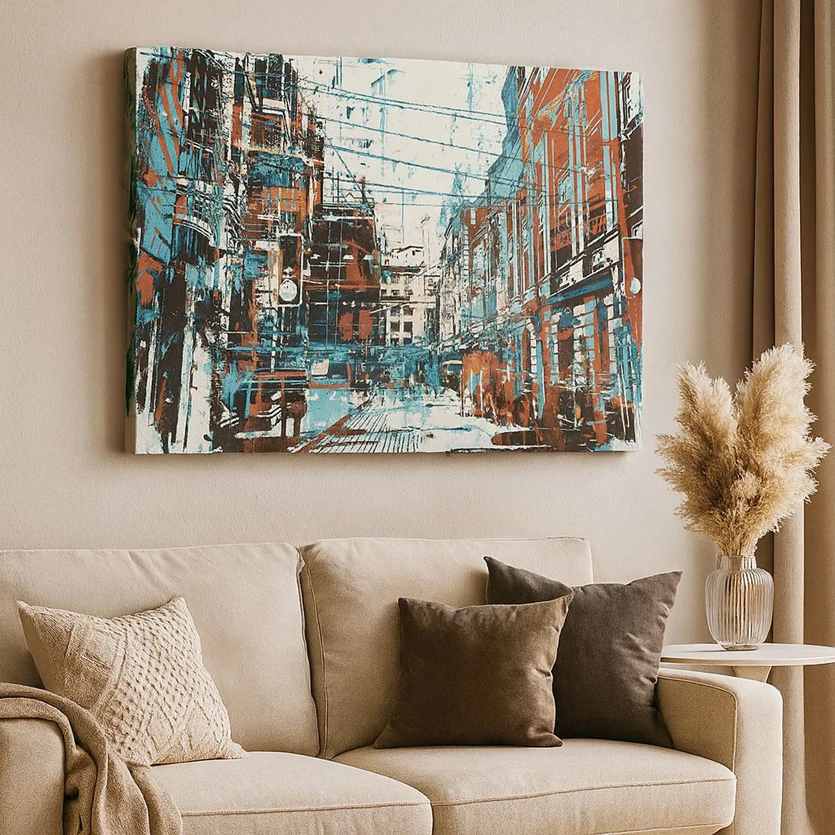 Cuadro sobre lienzo - Impresión de Imagen - Un paisaje urbano en tonos azules y naranjas. - 70x50cm - El sendero de la ciudad - Decoración de pared moderna para salón y dormitorio ARTTOR