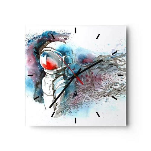 Reloj de pared - Reloj de vidrio - Un cosmonauta en una acuarela dinámica con detalles cósmicos. - 30x30cm - A solas con el cosmos - Decoración de pared moderna para salón y dormitorio ARTTOR
