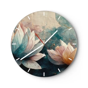 Reloj de pared - Reloj de vidrio - Flores de loto sobre el fondo de la superficie verde azulada del lago. - 30x30cm - Estrellas de lago - Decoración de pared moderna para salón, cocina y dormitorio ARTTOR