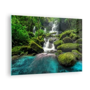 Cuadro sobre vidrio - Impresiones sobre Vidrio - Una cascada exótica rodeada de exuberante vegetación y agua turquesa. - 70x50cm - Turquesa, zafiro y plata líquida - Decoración de pared moderna para salón y dormitorio ARTTOR