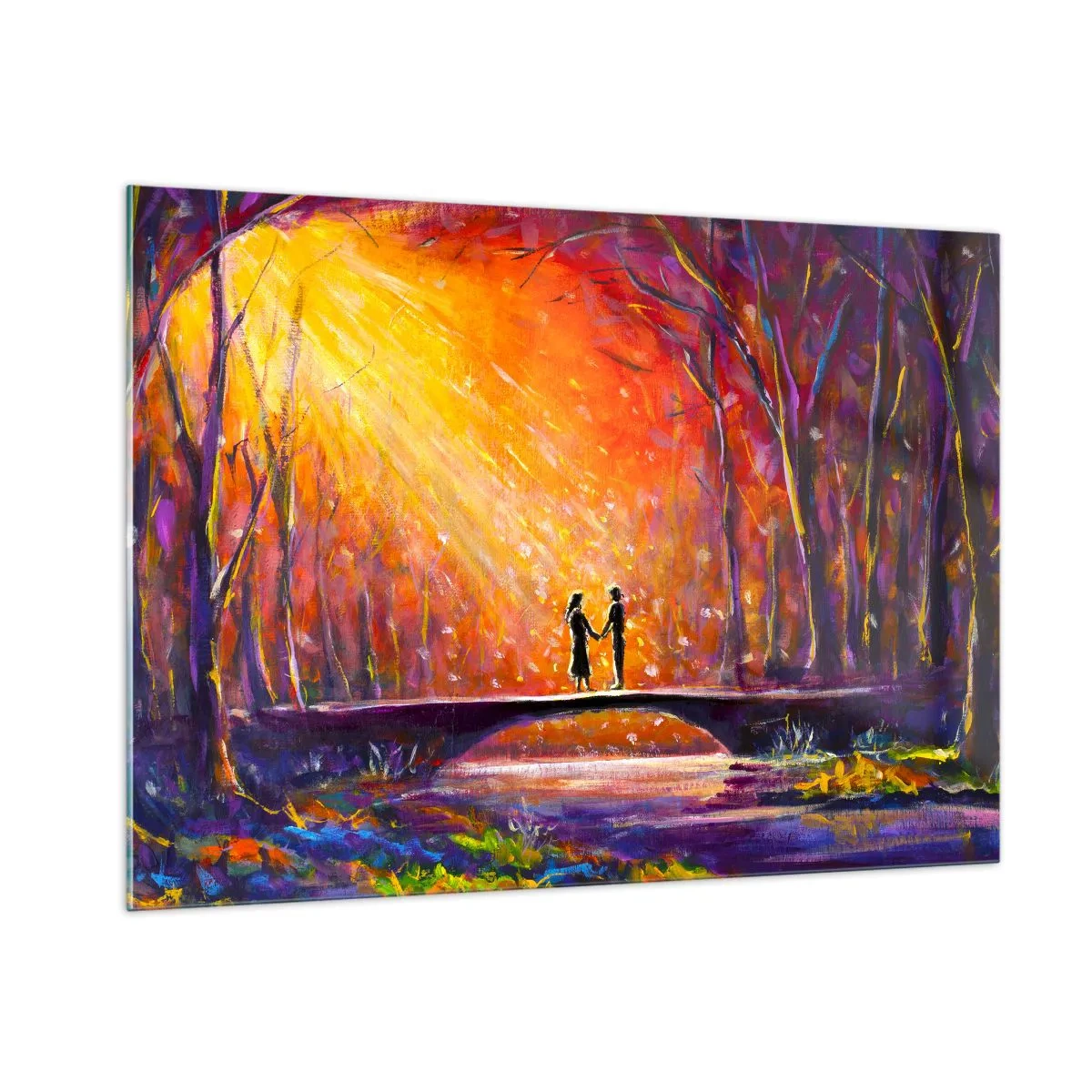Cuadro sobre vidrio - Impresiones sobre Vidrio - Una pareja en un puente a la luz del sol poniente, rodeada de árboles. - 100x70cm - El cielo también los ama - Decoración de pared moderna para salón y dormitorio ARTTOR