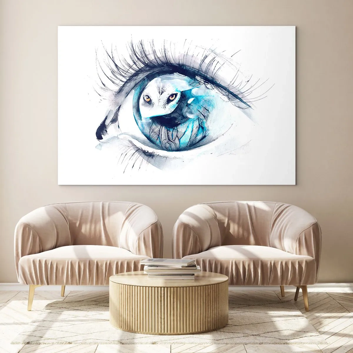 Cuadro sobre vidrio - Impresiones sobre Vidrio - Ojo de mujer con motivo de búho en estilo acuarela. - 70x50cm - Ojo con la naturaleza - Decoración de pared moderna para salón y dormitorio ARTTOR