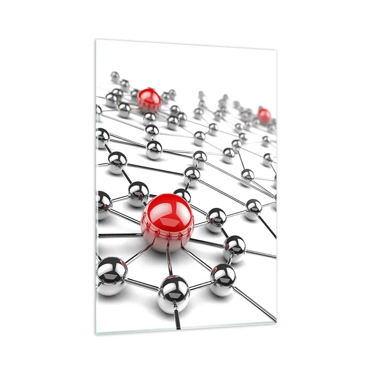 Cuadro sobre vidrio - Impresiones sobre Vidrio - Una red de bolas metálicas con acentos rojos. - 80x120cm - Una red plateada - Decoración de pared moderna para salón y dormitorio ARTTOR